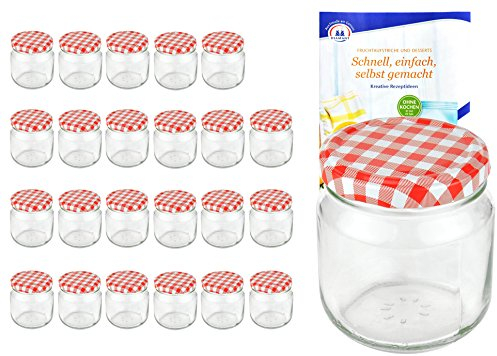 MamboCat 24er Set Rundgläser 212 ml nieder Deckelfarbe rot weiß kariert to 66 inkl. Diamant Gelierzauber Rezeptheft, Marmeladengläser, Einmachgläser, Einweckgläser, Gläser