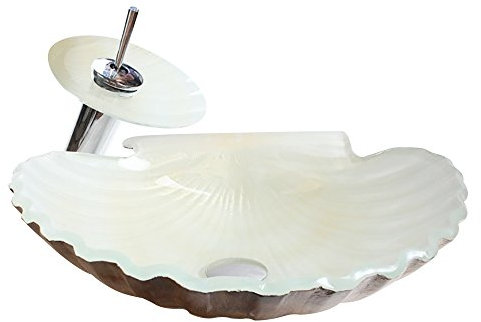 HomeLava Lavabo da Appoggio Lavabo Fatto a Mano in Vetro Temperato a Forma di Conchiglia con rubinetto a cascata, Lavello 450X450X120mm (Size:Lavabo da toeletta + Set di Accessori,bianco)