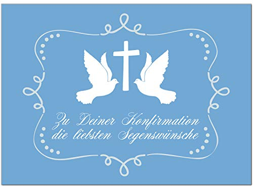 Einladungskarten Manufaktur Hamburg Glückwunschkarte Konfirmation mit Umschlag / 2 Tauben mit Kreuz auf Blau/Konfirmationskarten/Karte für Glückwünsche/Feier