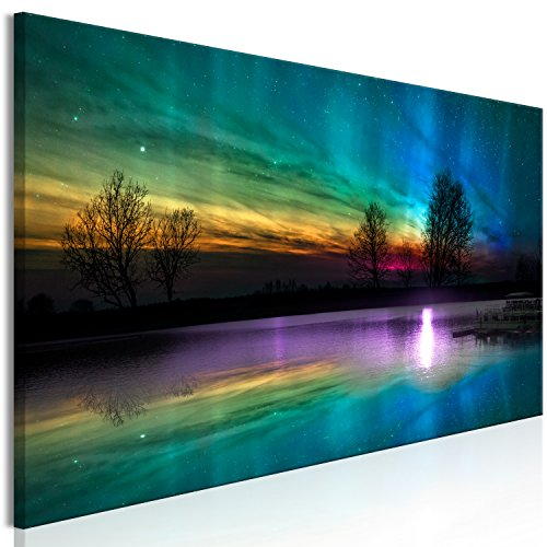 murando - Wandbilder XXL Polarlicht 150x50 cm 1 tlg - Wand Deko Vlies Leinwand Bilder Groß Wanddeko Wohnzimmer Schlafzimmer Kunstdrucke Panoramabild - Himmel See Nacht Landschaft