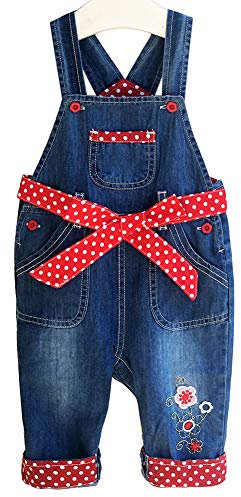 Peacolate 6M-3Anni Infante Bambino Piccolo Neonata Tute di Jeans Ricamato Tute per Bambini Salopette Con Rosso Cintura(12-18mesi, rosso)