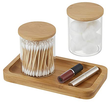 YININE Bamboo Vanity Tray, Bathroom Tray Organizer Glass Qtip Holder Dispenser Apothecary Jars for Cotton Swabs Balls Round Pad Perfume Candles Cosmetics Jewelry Makeup