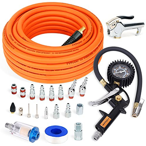 FYPower 22-teiliges Luftkompressor-Zubehör-Set, 9,5 mm x 15,2 m, Hybrid-Luftschlauch-Set, 6,3 mm NPT-Schnellanschluss-Luftarmaturen, Reifenfüller, Blaspistole, Luftfilter, Schwenkstopfen.