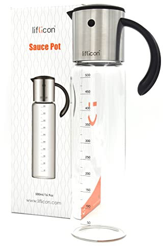 liflicon Aceitera de cristal y acero, antigoteo y ampolla graduada, dispensador de condimentos líquidos, aceite de vinagre salsa de soja (500 ml)