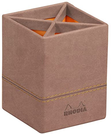RHODIA 194528C - Pot à Crayons Bois de Rose - 8 x 8 x 11 cm - Piqûres Sellier Orange - Extérieur Simili Cuir-Collection Home Office rama - Organisation de Bureau & Rangement Design