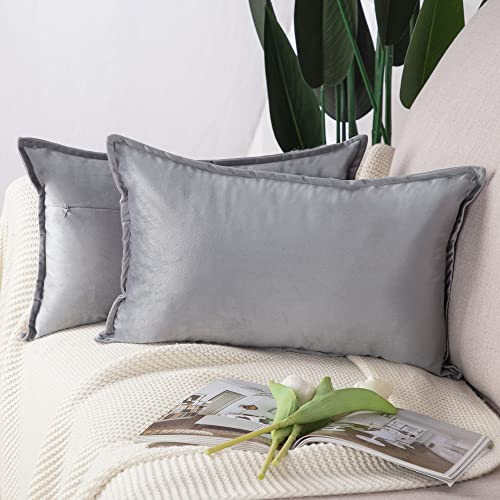 Madizz 2er Set Samt Dekorativ Zierkissenbezüge Luxus Stil Kissenbezug für Sofa für Schlafzimmer Hellgrau 30x50 cm Rechteckigig