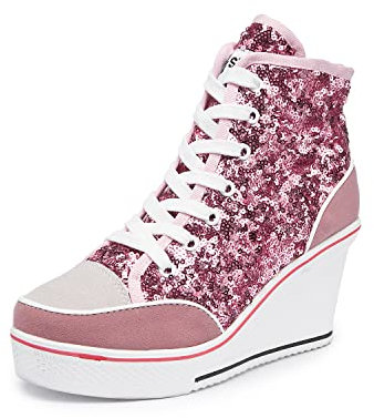 Canvas Sneaker Donna Scarpe con Tacco con Zeppa Sneakers Zeppa Donna 35-43 EU Scarpe da Ginnastica Basse Sportive Fitness Tacco Zeppa,Rosa, EU39