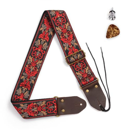 MuzcYM Gitarrengurt, Vintage-Stickerei, Vintage, gewebt, mit Enden aus echtem Leder, für Bass-, Elektro- und Akustikgitarren, mehrfarbig, Large