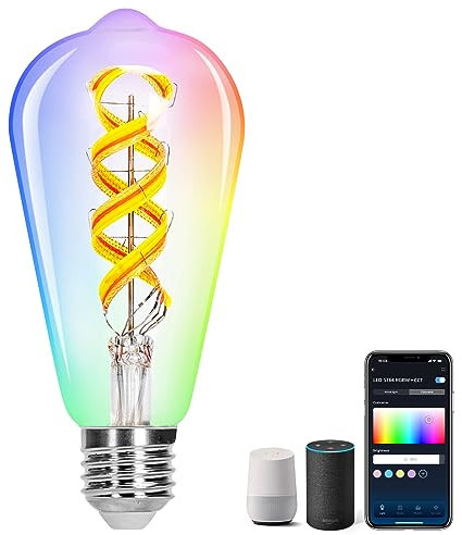 Aigostar Lampadina Alexa, Lampadine Smart E27 RGB CCT 4.9W 420LM, Smart Bulb ST64 Luce Calda Fredda 2700K-6500K, Lampadine Intelligenti Compatibile con Alexa e Google Home. Lampadina Vintage, 1Unità