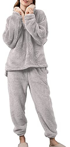 Jarseila Set Pigiama Donna Invernale Flanella Due Pezzi Confortevole Caldo Tuta Casa Morbido Maniche Lunghe Pigiami Felpa con Cappuccio Pantaloni Loungewear Pile Pigiama Donna Felpato