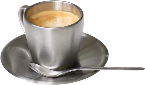 ISOBEL - SILVIA16 Set Tasse Inox + Soucoupe 16cl - Finition Mate, Double Paroi, Incassable, Lave-Vaisselle, Idéal Maison et Professionnel