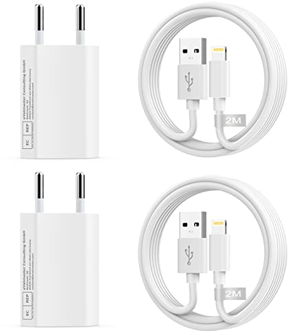 Caricatore iPhone Apple Certificato MFi con Cavo iPhone 2M 4Pack,Caricabatterie iPhone & Cavo Lightning,5W Alimentatore Presa iPhone Spina USB & Filo Cavetto per iPhone 14/13/12/11/XS/X/8/7/6/5