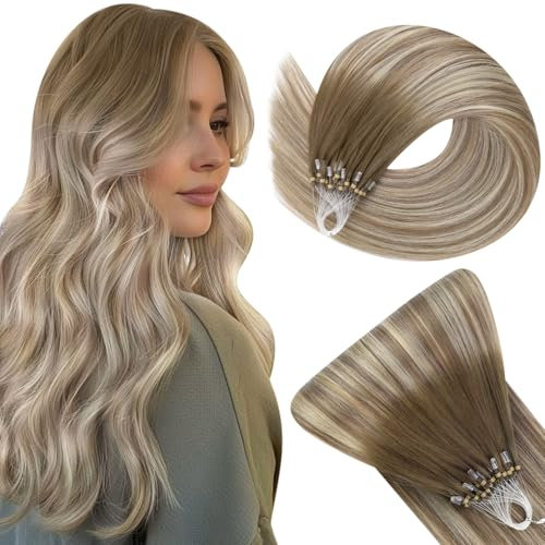 Easyouth Micro Ring Hair Extensions Ombre Human Hair Micro Loop Hair Extensions Real Human Hair Brown to Blonde Balayage Micro Human Hair Extensions Remy Natural 12 Inch 50g/50s