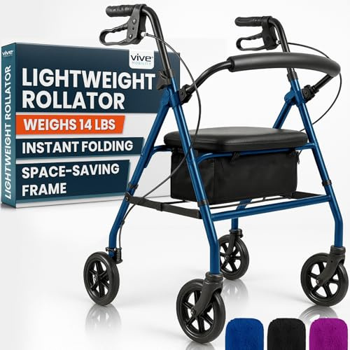 Vive Ultra Lightweight Rollator Walker with Seat - Foldable, Narrow, Rolling Senior Walker for Small Spaces - 4 Wheel Aluminum Adult Easy Drive Aid with Underseat Accessory