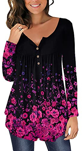 CHICZONE Ladies Pleated Long Sleeve Buttons Up Tops for Women Casual T-Shirts Floral Henley Shirt Rose