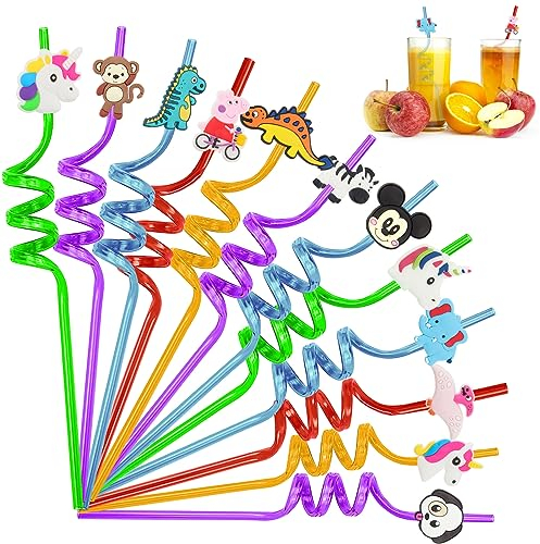 FainFun Strohhalm Plastik, 12 Stück Wiederverwendbare Trinkhalme Kinder, Party Trinkhalme, Lockige Strohhalme für Party Dekoration, Geburtstag Feiern, Hochzeiten, Weihnachten, Halloween, Neujahr