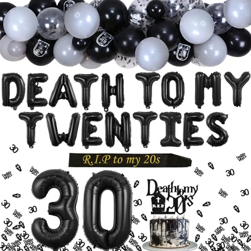 Death to My 20s Dekorationen, 30. Geburtstag Dekorationen Schwarz für Frauen – Ballon-Girlanden-Set, Death to My Twenties Luftballons, Konfetti, Tortenaufsatz, Rip to My 20s Schärpe für Rip Twenties