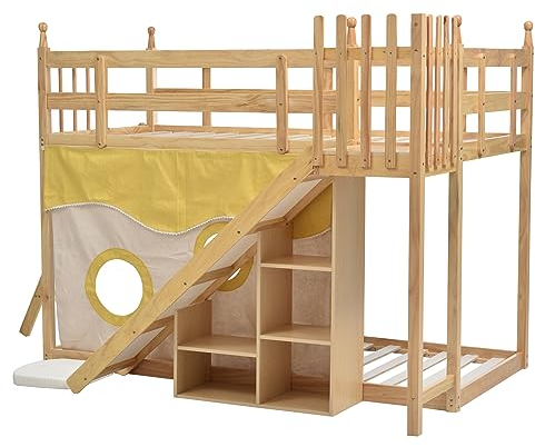 Etagenbett,Hausbett kinder,Holzbett mit Treppe und Zäune,mit Bettvorhang,Rutsche und Regal,Kinderbett mit Fallschutz und Gitter(90x200cm)