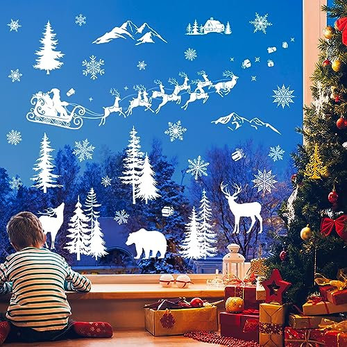 decalmile Weihnachten Fensteraufkleber Weihnachtsmann und Rentiere Fensterdeko Weihnachten Fensterbilder Schneeflocken Fenster Statische Aufkleber Glas Weihnachtsdeko