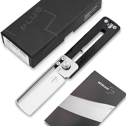 BÖKER PLUS® S-RAIL Mini EDC Messer - kleines Schlüsselbund-Messer ohne Spitze - hochwertiges D2 Paketmesser - Dog Tag Messer mit Cleaver Klinge - 1 Hand Slider Knife mit Clip - G10 Karton-Messer