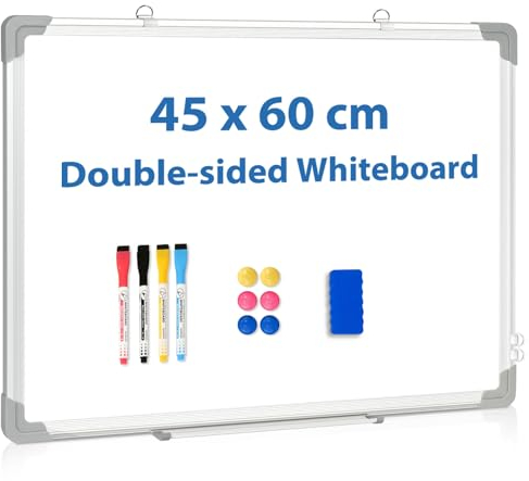DOLLAR BOSS Magnetisches Whiteboard, A2, doppelseitig, 45 x 60 cm, hängendes Whiteboard für die Wand, trocken abwischbar, Whiteboard, Schreibtafel für Schule, Zuhause, Büro, Memo, 4 Stifte, 6 Magnete,