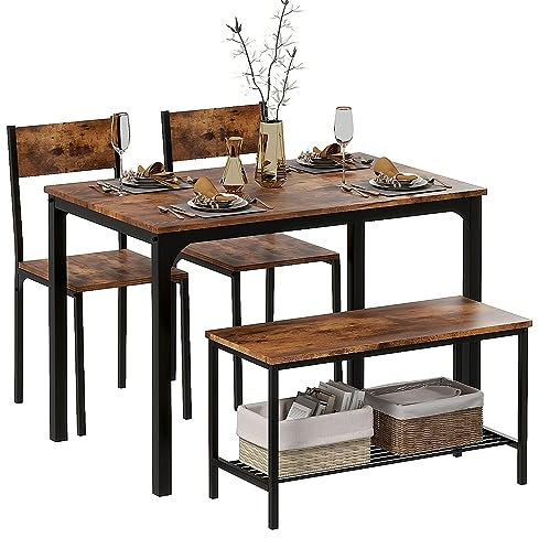 DlandHome Juego de 4 Piezas Mesa de Comedor con 2 Sillas y 1 Banco Conjunto de Muebles de Cocina de Madera con Estructura de Acero Color Vintage/Negro