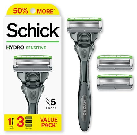 Schick Hydro Sensitive Razors for Men, 1 Razor Handle with 3 Razor Blades Refills