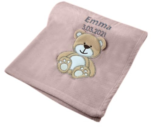 cozy racoon Babydecke Bestickt mit Namen und Geburtsdatum | Weiche Kuscheldecke für Baby Mädchen I Personalisiertes Geschenk zur Geburt oder als Erstausstattung I Altrosa Decke mit Bär