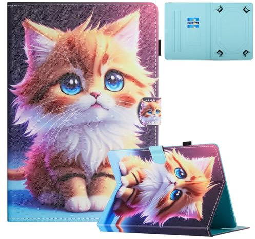 XFDSFDL® Funda protectora universal de 10 pulgadas (tamaño de pantalla de 9.5 a 10.1 pulgadas), piel sintética, con tapa, diseño de gato amarillo con soporte, funda para dispositivo 01