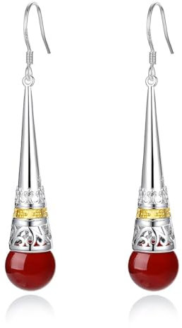 MetJakt Damen Ohrringe 925 Sterling Silber Hängend mit Perlen Vintage Antik Stil Tropfen Perlmutt Naturstein Perlen Lang Earrings für Frauen (Korund)