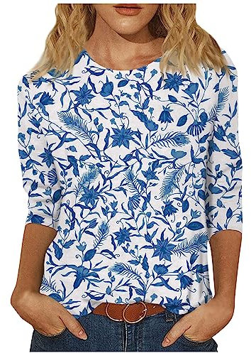 Blouses for Women UK Ladies 3/4 Length Sleeve Tops Casual Summer Round Neck Shirts Print Loose Fit Three Quarter Length Sleeve Blouses 01-Blue M