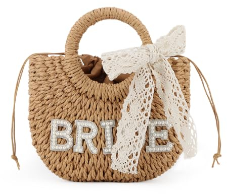 Ynport Crefreak Femmes Mariée Paille Sac À Bandoulière Tissé À La Main Bandoulière Strass Lettre Patches sac À Main Lune De Miel Mariage Bridal Shower Cadeau, Marron BRIDE