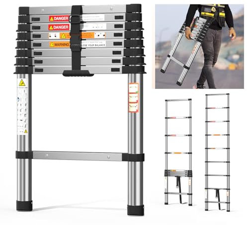 Escalera telescópica 2,6m/8,5FT,Escalera Extensible Ligera de Acero Inoxidable con Bloqueo automático,Pies Antideslizantes,Carga 150kg/330lb,Escalera Multiusos para el hogar y el Exterior