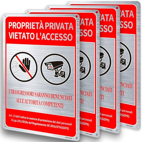 Ashoaza Cartel de propiedad privada de aluminio cepillado, 20 x 30 cm, no acceso, 4 unidades, señal de prohibido el acceso con aviso GDPR, reflectante, impermeable, resistente a los rayos UV