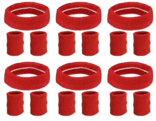 PATIKIL Bandeaux et Serre-Poignets, Lot de 6/18 Pièces en Éponge pour Le Sport, Le Basketball, Le Tennis, l'Athlétisme, la Salle de Sport, en Rouge