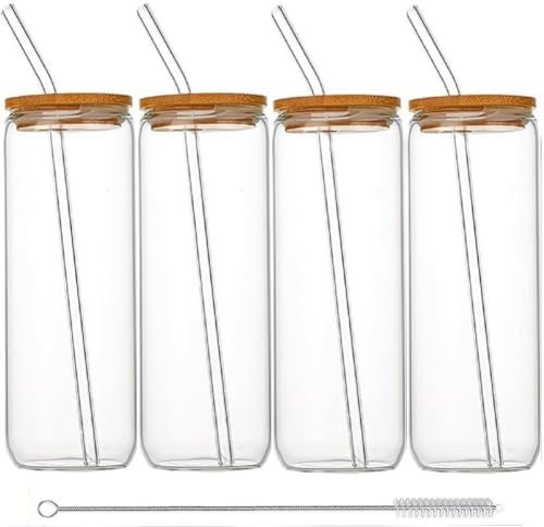 MAGICVOGEL 500ml Trinkgläser mit Deckel & Glasstrohhalm Glas Trinkbecher Dosenförmige Cocktailgläser Longdrinkgläser Eiskaffeebecher für Wasser,Kaffee,Saft,Cocktail,Soda,Whisky (4er Set)