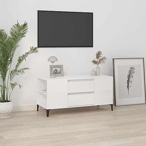 Baziroo TV Schrank Hochglanz-Weiß TV Lowboard Fernsehschrank für das Wohnzimmer Kommode für Fernseher 4 Offene Fächer und 2 Schubladen Holzwerkstoff 102x44,5x50 cm