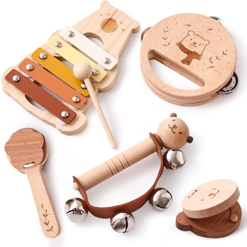 OESSUF Bär Musikinstrumente für Kinder ab 1 Jahr Baby Montessori holzspielzeug ab 18+ Monate Musik Kinderspielzeug Xylophon Tamburin Kastagnetten Baby Jungen & Mädchen 1 Jahr Geburtstag