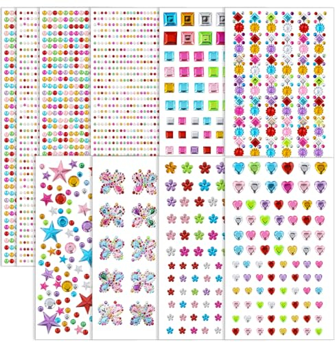 4200+ Stück Glitzersteine Selbstklebend, 10 Blätter Strasssteine Selbstklebend, Acryl Bunt Glitzersteine zum Basteln, Glitzersteine Gesicht für Make-Up, DIY, Augen, Nagel, Verschiedene Formen, Größen