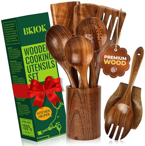 Bkiok Wooden Spoons for Cooking, Teak Wood Kitchen Utensil Set, Handmade Nonstick Utensil Set with Spoon Rest and Utensils Holder (9Pcs)