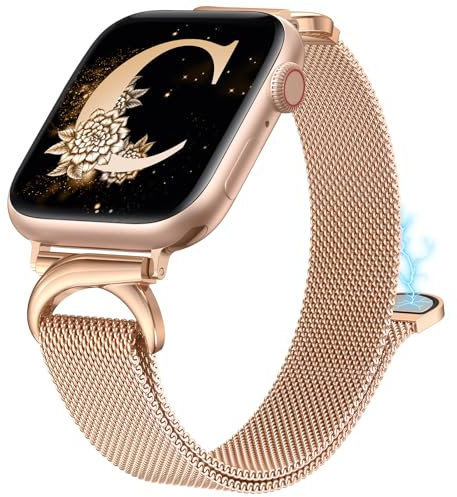 BEEXI Stainless Steel Loop Compatible with Apple Watch Strap 40mm 41mm 38mm 42mm, Elegant Metal Mesh Magnetic Slim Strap with C-Shape Clasp for iwatch SE Series 10/9/8/7/6/5/4/3/2/1(Rose Gold)