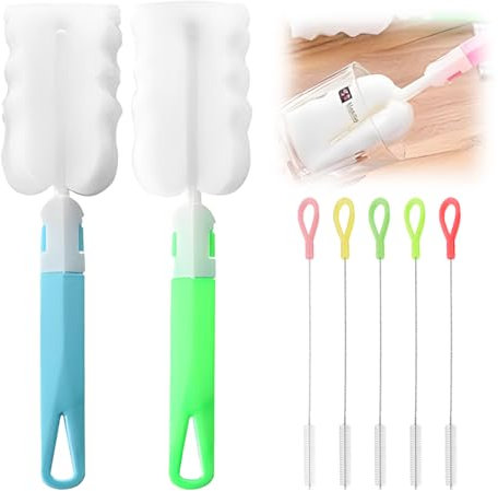 Brosse d’Éponge de Bouteille, 7PCS Nettoyage de la Tasse en Verre éponge,Nettoyage en Mousse Brosse avec Long Manche réglable matériaux sûrs et Non Toxiques pour Biberon Bouteille Vin Carafe Thermos,