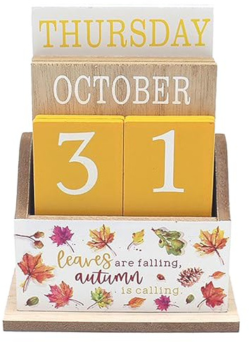 Wooden Calendar Block Perpetual Desk Office Weight Autumn Fall Theme Leaf Nature