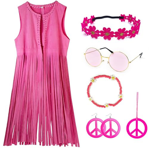 KitChocoLot Costume hippie pour femme, 7 pièces, tenue des années 60 et 70, vêtements hippie, gilet à franges, pour carnaval, rose vintage