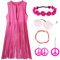 KitChocoLot Costume hippie pour femme, 7 pièces, tenue des années 60 et 70, vêtements hippie, gilet à franges, pour carnaval, rose vintage