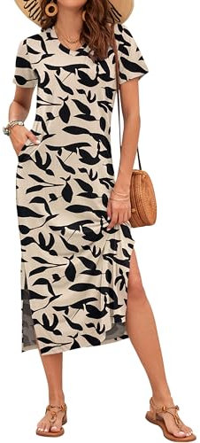 AUSELILY Summer Dress for Women Short Sleeve Maxi Beach Dress V Neck Sundress Slit Dress with Pockets Elegant Dresses Apricot Black Leaves XL