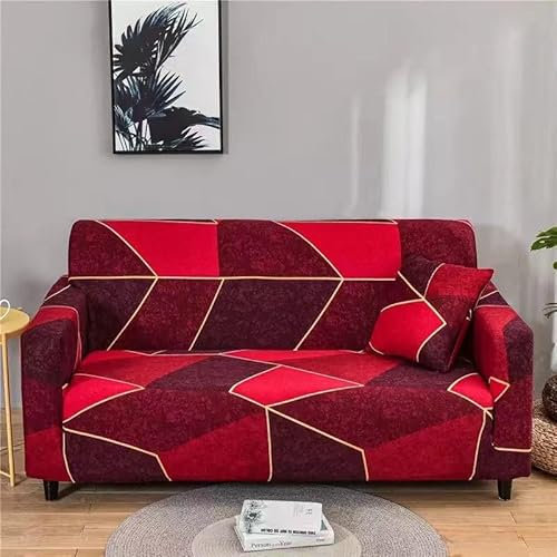 Sofa überwurf Rote Retro Geometrie Sofa überzug Stretch Sofahusse Sofabezug Ecksofa mit Elastischen Boden Sofabezug L Form Universal Couchbezug Waschbar Couch überzug 4 Sitzer