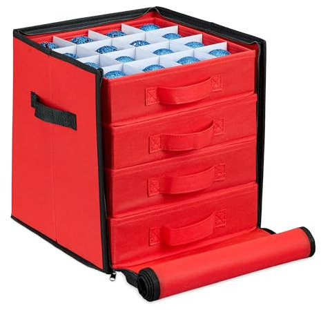 Relaxdays Weihnachtskugel Aufbewahrungsbox, 64 Fächer, HxBxT: 30,5 x 31 x 30,5 cm, Christbaumkugel Box, rot/schwarz