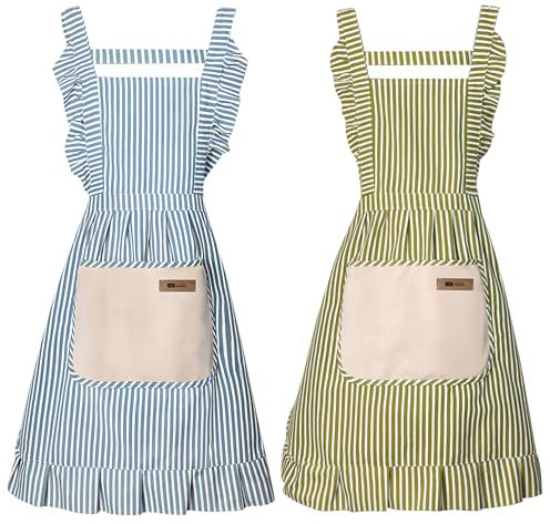 G-LIKE Damen Mädchen Schürze Küchenschürze – 2er Set Kochschürzen mit Spitzen Tasche Schnüren Ölbeständig Schmutzabweisend Baumwolle Leinen Korallenvlies für Kochen Backen Grillen (GrünBlau)