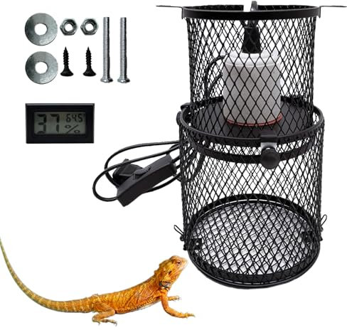 kathson Retractable Reptile Heat Lamp Cage Guard,Reptile Anti Scald Lamp Holder,Snake Heat Lamp Mesh Shade with Thermometers,Ceramic Heat Emitter Fixture,Protection Lampshades for Turtle,Without Bulb